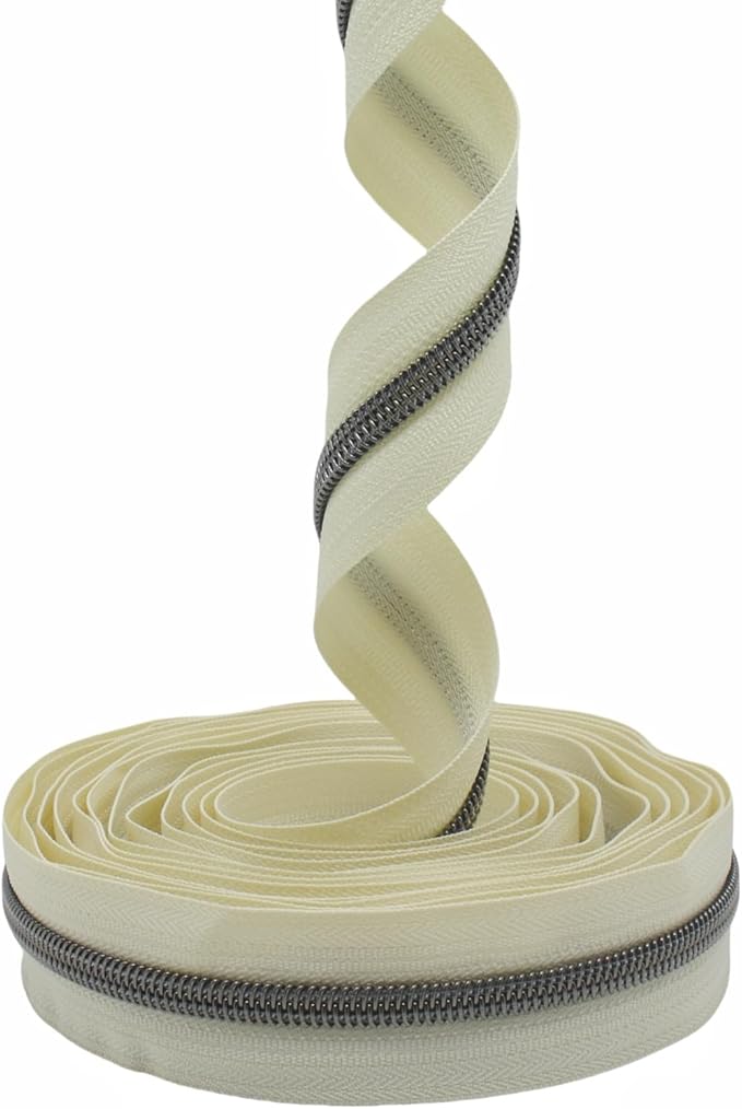 MebuZip #5 Gunmetal Metallic Nylon Coil Zippers by The Yard Bulk Coil Zipper Roll 10 Yards with 25pcs Pulls for DIY Sewing Craft Bags (Beige)