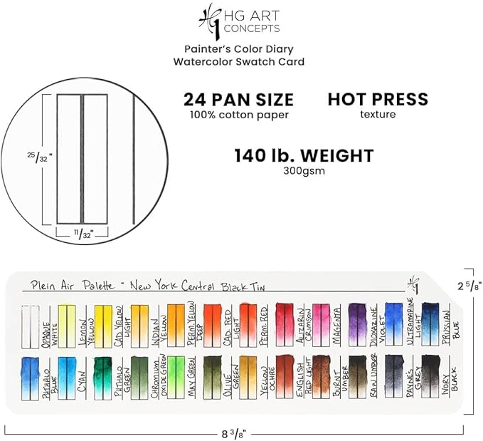 HG Art Concepts Painters Color Diary Watercolor Swatch Card, 24-Pan Size, 10-Pk, 140 lb Hot Press 100% Cotton Paper, Fits New York Central Palette Box, Color Swatch Book for Markers & Colored Pencil