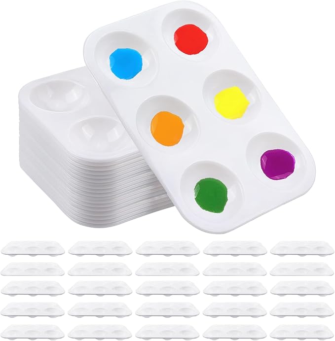 25 PCS Plastic Paint Palettes, 6 Wells Rectangular White Tray Palettes for DIY Craft and Art Painting Party Watercolor (4.72 * 3.26 inch)