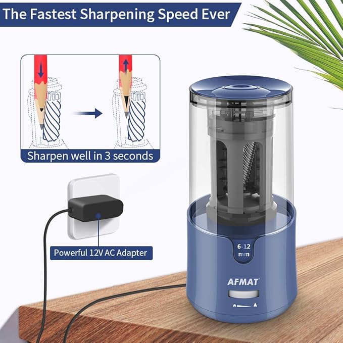 AFMAT Pencil Sharpener, Electric Pencil Sharpener for Colored Pencils, Auto Stop, Fast Sharpen in 3s, Large Hole Pencil Sharpeners Plug in for 6-12mm No.2/Jumbo Pencils PS93