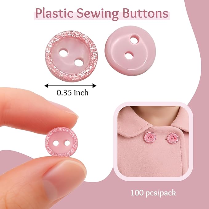 100 Pack Pink Sewing Buttons 0.35 inch 14L Glitter Round Polished 2 Hole Buttons Glossy Plastic 9mm Ideal for Sewing Blouse Skirt School Outfits Aprons Pants Jackets Accessories Bags DIY Crafts