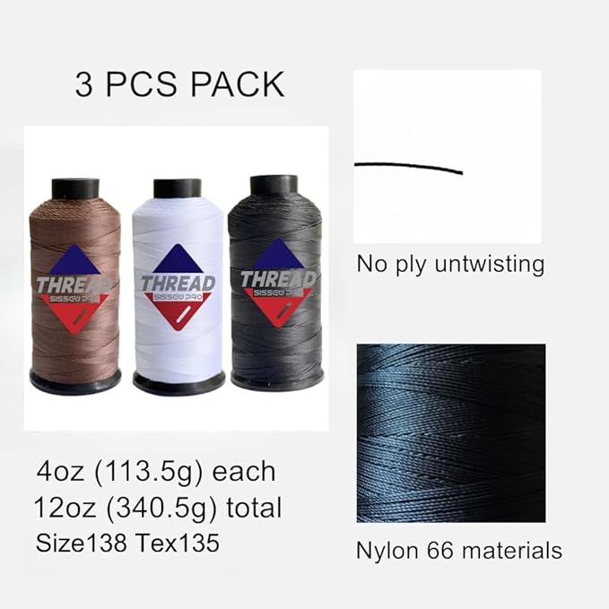 Sissewpro 3PCS Bonded Nylon Thread 138 Upholstery Thread Heavy Duty for Sewing Machine Strong Black Threads for Leather Crafts Furniture Cusion Boats Car Cover Seats,Tex135, 4oz 750yds(3, WH&BK&BN)