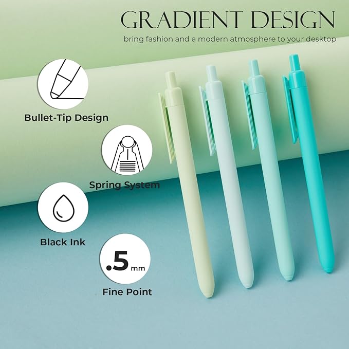 Y YOMA 4 Pcs Fine Point 0.5mm Gel Pen Black Ink Retractable Ballpoint Pen Smooth Writing Quick Dry Gel Pens Cute Aesthetic Pen Pastel Refillable Pen for School Home Office Supplies, Teal Blue