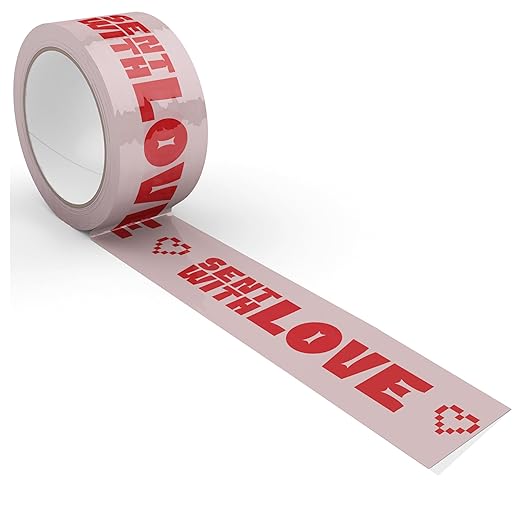 Sent with Love - Cool Decorative Packing Tape for Small Business - Cool Cute Designer Printed Packaging and Shipping Tape - Pink Red, Heart, 1.88" x 110 Yards (330 feet)
