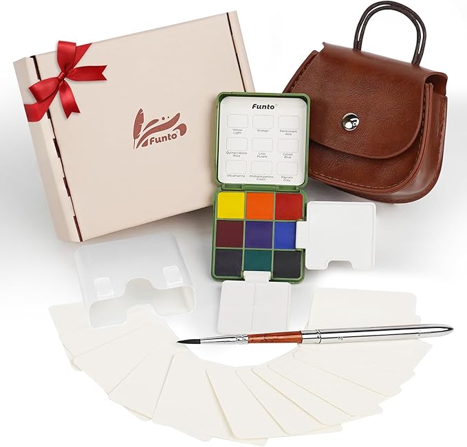 Funto Mini Watercolor Set Travel Kit with 9 Colors, Leather Bag & Watercolor Paper, Portable Drawing & Painting Supplies for Beginners, Art Gift Set