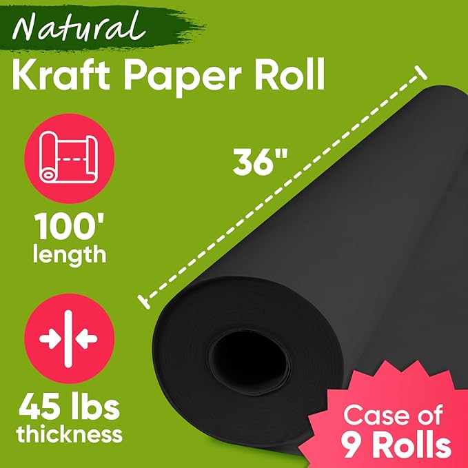 36" x 1200" (100 ft) Black Kraft Paper (Case of 9 Rolls), 45 lbs Thickness, Kraft Paper for School, Art Colored Paper, Gift Wrapping Paper, Packing Paper for Moving