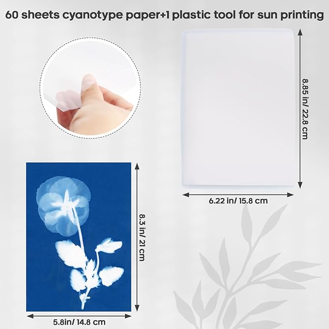 60 Sheets Sun Print Paper Cyanotype Paper Kit, A5 Sun Art Papers With 1 Plastic Tool for Printing, Light Sensitive Solar Photography Papers for Kids DIY Crafts (5.8x 8.3 inch)