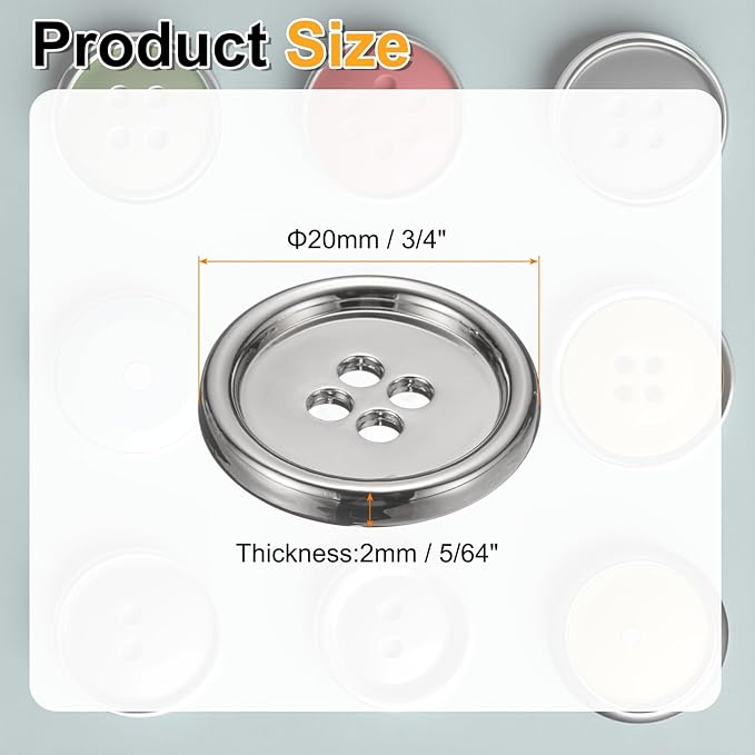HARFINGTON 20pcs Metal Sewing Button, 20mm 4-Hole Round Suit Shirts Coats Clothes Sewing Buttons for Decoration Craft, Silver