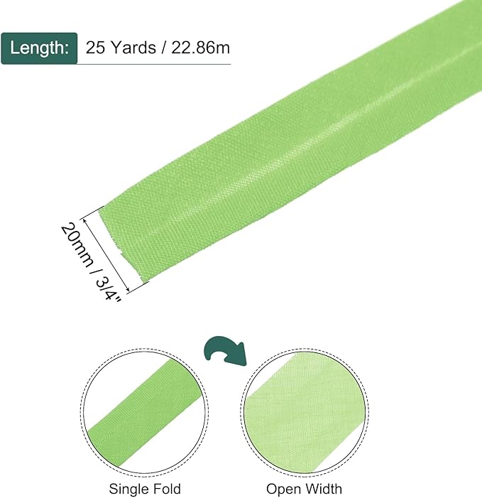 MECCANIXITY 3/4 Inch Single Fold Bias Tape Polyester Continuous Bulk Bias Tape for Sewing, Seaming Quilting Hemming Binding Crafts (Fruit Green 25 Yards)