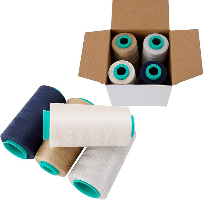 4 Pack of Serger Threads Cones Spools, All-Purpose Sewing Thread Polyester, 4 Cones of 3000 Yards Each Spool,Cone Thread for Sewing Machine,140S/2 (Khaki,Navy Blue,Light Gray,Beige)