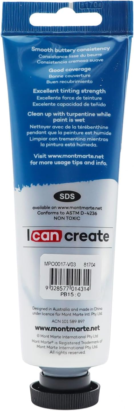 Mont Marte Oil Paint Premium, 3.4 US fl.oz (100ml) Tube, Phthalo Blue, Heavy Body Paint, Artist Quality, Good Coverage, Excellent Tinting Strength, Ideal for Painting Canvas
