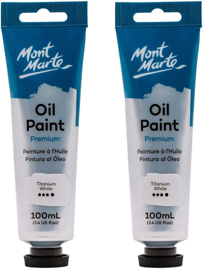 Mont Marte Oil Paint Premium, 3.4 US fl.oz (100ml) Tube, Titanium White, 2Pack, Heavy Body Paint, Artist Quality, Good Coverage, Excellent Tinting Strength, Ideal for Painting Canvas