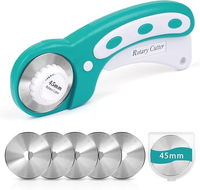 45mm Rotary Cutter for Fabric, Fabric Cutters with 5pcs Extra Rotary Blades, Roller Cutter Set for Sewing, Quilting, Leather & Craft Projects (Teal)