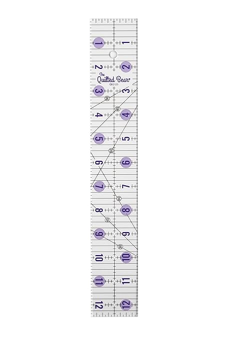 The Quilted Bear Quilting Rulers - Transparent Acrylic Non Slip Quilting, Patchwork & Sewing Ruler with Clear Black Lines & 30, 45 & 60 Degree Angles for Perfect Accuracy & Precision (2" x 12.5")