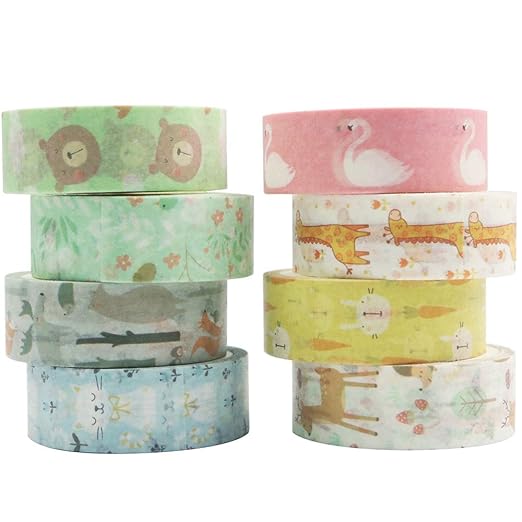 YUBBAEX Little Zoo Washi Tape Set, 8 Rolls Animals Decorative Masking Tapes for Journal,Scrapbook, Planner, DIY Crafts