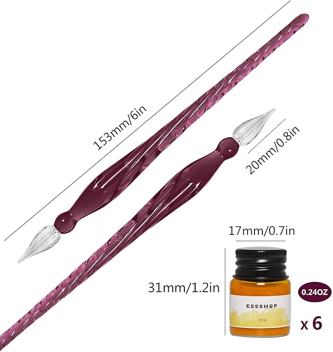 ESSSHOP Glass Pen Calligraphy Set - 3 Purple Crystal Dip Pens Color Ink and Pen Holder Art Supplies Kit for Signatures Beginners Journaling Lettering Drawing Holiday Gift Decoration