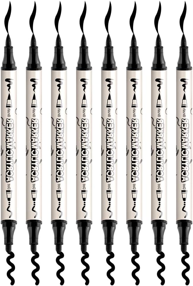 TRANSON 8 Pack Black Brush and Bold Dual-tip Acrylic Paint Marker for DIY Glass Canvas Wood Leather Ceramic Rock Painting