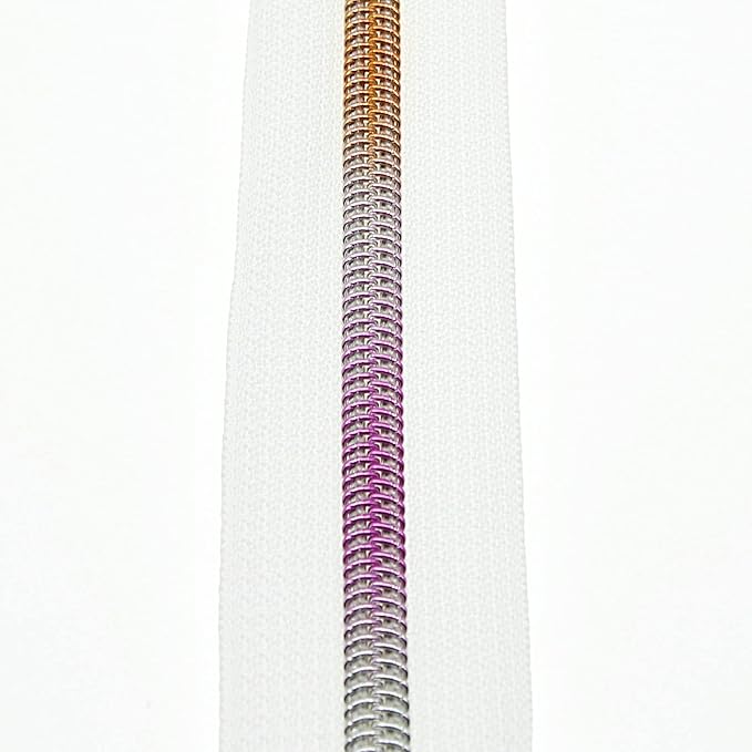 #5 Colorful Metallic Nylon Coil Zippers by The Yard, Bulk White Zipper Tape 10 Yards with 25Pcs Pulls for DIY, Sewing, Craft, Bags YIGUANXIN
