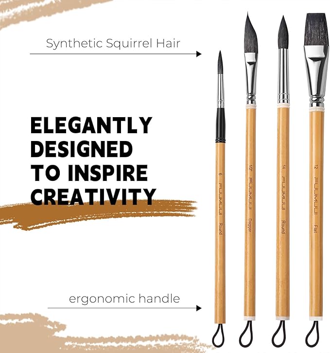 Watercolor Brush Set, Fuumuui 6Pcs Professional Mixed Squirrel Hair Bamboo Paint Brushes with Dagger Flat Round Detail for Watercolor, Acrylic, Gouache Painting