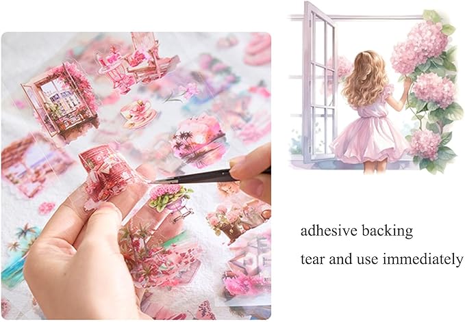 MAFELOE 20 Pages PET Scrapbook Stickers, Aesthetic Deco Supplies for Journaling Junk Bullet Diary Album Calendars-Travel Scenery Series-Pink (Y3-P-SSYS)