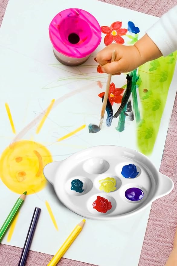 Ceramic Artist Paint Palette, 6.5 Inch Watercolor Palette with 6 Small Holes and Handles, Mixing Tray for Gouache Painting, Tempera Painting, Easy to Clean White, 2 Pack