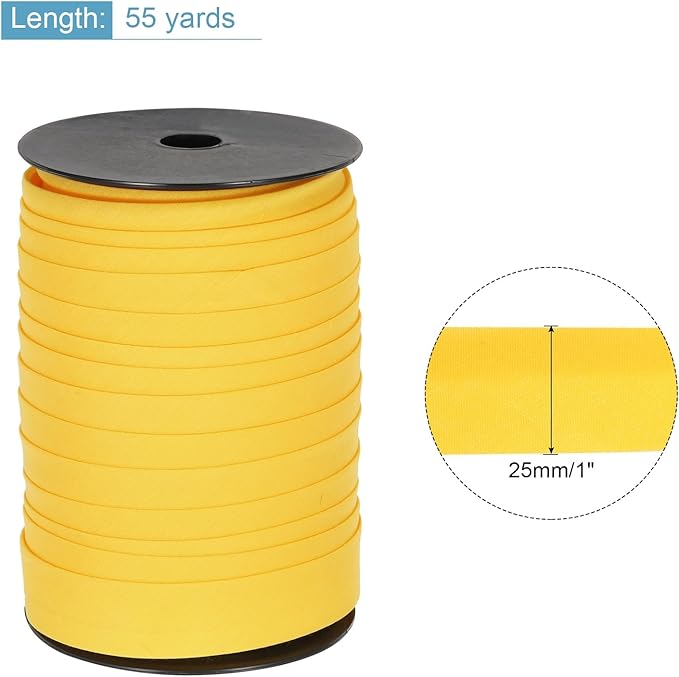 MECCANIXITY 1 Inch Double Fold Bias Tape Polyester Continuous Bulk Bias Tape for Sewing,Seaming Quilting Hemming Binding Crafts (Yellow 55 Yards)