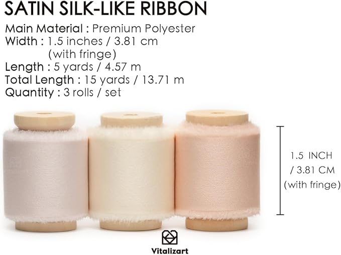 Vitalizart Silk Satin Ribbon 1-1/2 inch x 15 Yard with Wooden Spool Pink & White Handmade Frayed Ribbons for Gift Wrapping Baby Shower Wedding Bridal Bouquets Holiday Decor