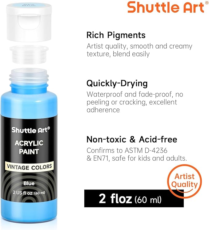 Shuttle Art Acrylic Paint Set, 25 Vintage Colours, 2oz/60ml Bottles, Rich Pigmented, Premium Acrylic Paints for Artists, Beginners and Kids on Rocks Crafts Canvas Wood Ceramic