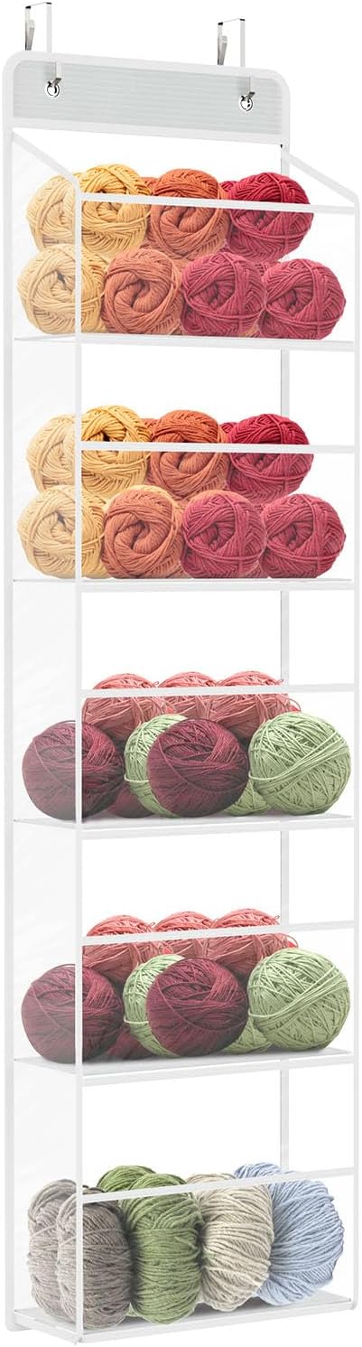 KEEGH Hanging Yarn Storage Organizer, Over Door Knitting and Crochet Storage Organizer with 5 Layer Clear Compartments, Hanging Yarn Holder for Crochet Hooks, Knitting Needles, Yarn Balls