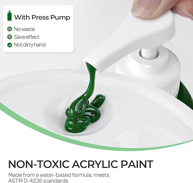 Nicpro Sap Green Large Acrylic Paint Set (69 oz, 2040 ml) Rich Art Painting Supplies Non Toxic for Multi Surface, Canvas, Wood, Leather, Fabric Stone Craft, for Beginner & Artist with Pump