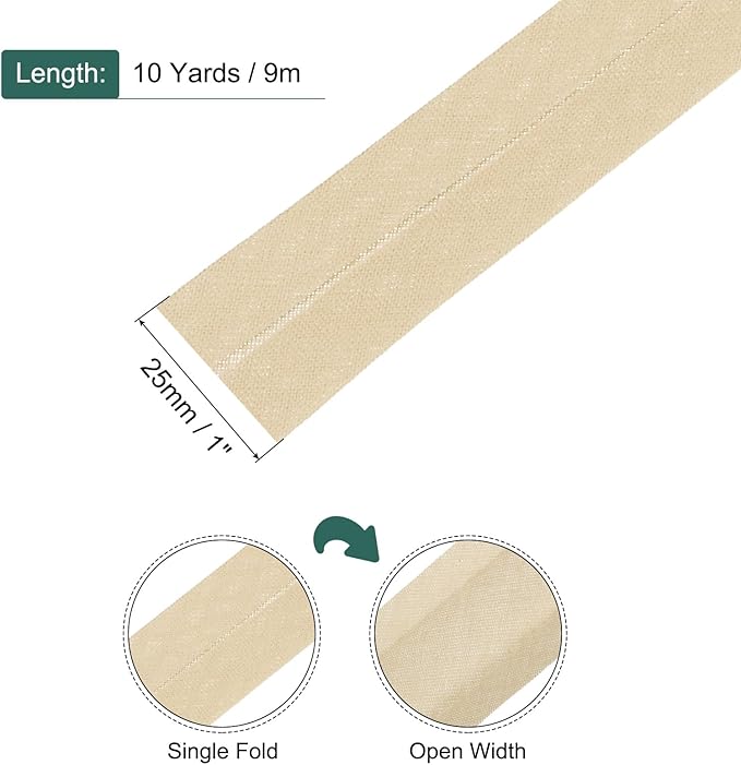 MECCANIXITY 1 Inch Single Fold Bias Tape Cotton Continuous Bulk Bias Tape for Sewing, Seaming Quilting Hemming Binding Crafts (Khaki 10 Yards)