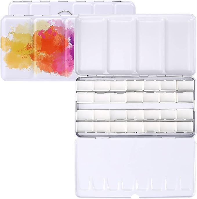 MYARTOOL Empty Watercolor Palette, Metal Watercolor Tin with Fold Out Palette, Watercolor Paint Tray Palette with 24 Watercolor Full Pans for Plein Air Painting and Sketching