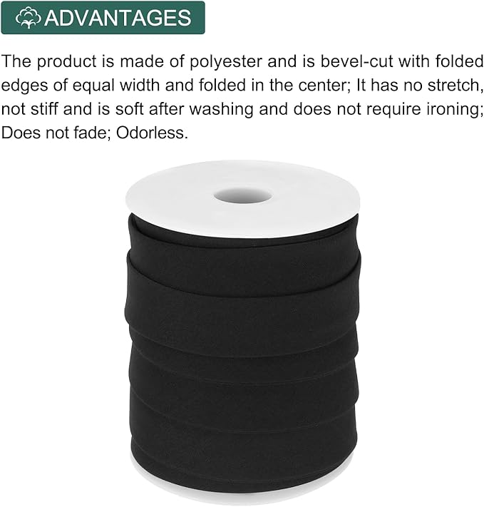MECCANIXITY 1 Inch Double Fold Bias Tape Polyester Continuous Bulk Bias Tape for Sewing,Seaming Quilting Hemming Binding Crafts (Black 25 Yards)