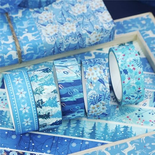 Winter Washi Tape Set 10 Rolls - Blue White Snowflake Flower Tree Decorative Tape for Bullet Journal, Planner, DIY Arts Crafts, Scrapbooking
