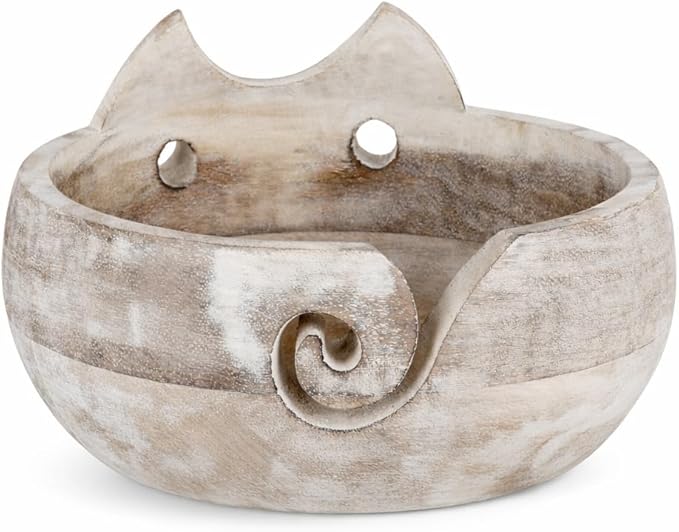 Christmas Gifts for Women Cat Yarn Bowl Knitting Bowl Large Crochet Yarn Holder Handmade Crocheting Accessories and Supplies Organizer 7 x 3 Wooden White Elephant Gifts