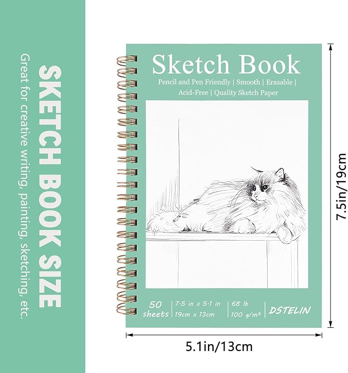 DSTELIN 7.5 x 5.1 Inch Mini Hardcover Sketchbook Set, 2-PC, Spiral Bound, 50 Acid-Free Drawing Sheets Each, Pink & Green Covers, Ideal for Beginners to Professionals