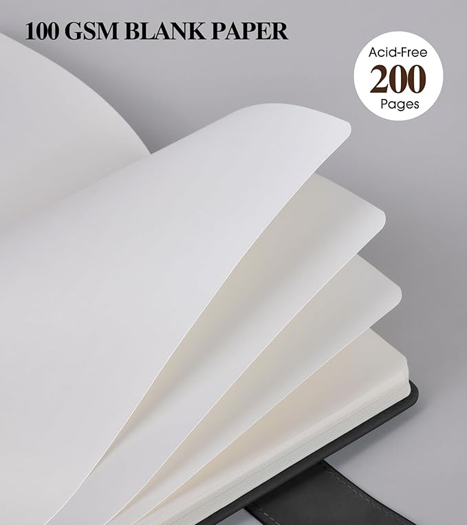 Blank Journal Notebook, A5 Hardcover Leather Sketchbook with 200 Pages Thick Blank Paper for Men Women, Unlined Drawing & Writing Journal, 5.9" x 8.4" Plain Notebook (black)