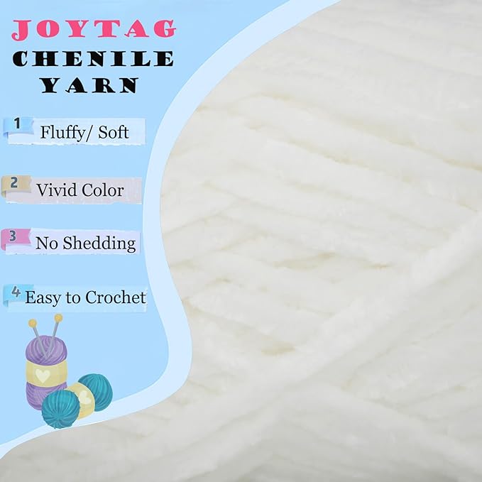Velvet Chenille Yarn for Crocheting White Velvet Fluffy Plush Thick Bulky Chunky Chenille Soft Baby Blanket Yarn for Crocheting Hand Knitting 3 * 100g-White