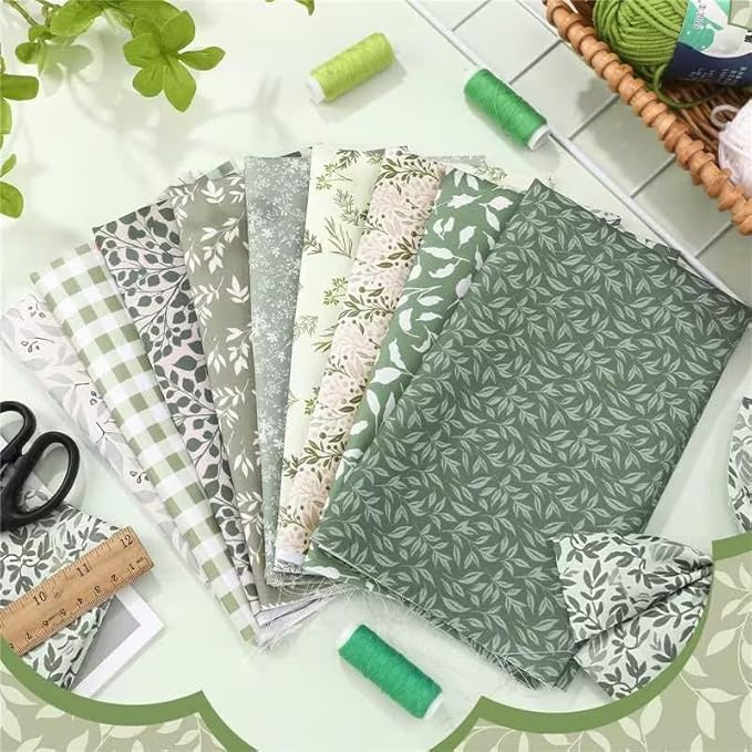 Hahafelt 10 Pcs Sage Green Floral Quilting Fabric 18 x 22 Inch Spring Leaves Fabric Jelly Sage Green Flower Precut Quilting Strips for Spring Summer Craft Sewing DIY