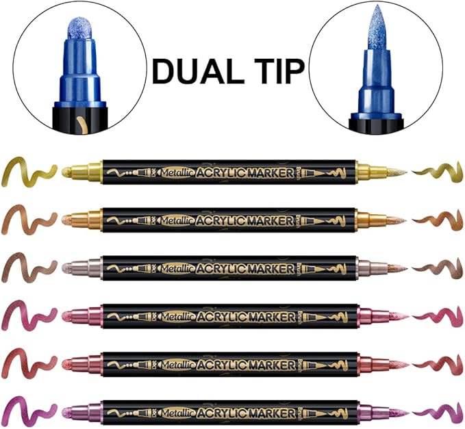 TRANSON 12Colors Metallic Paint Markers Bold and Brush Dual-tip for Rock Wood Ceramic Canvas DIY Painting Drawing