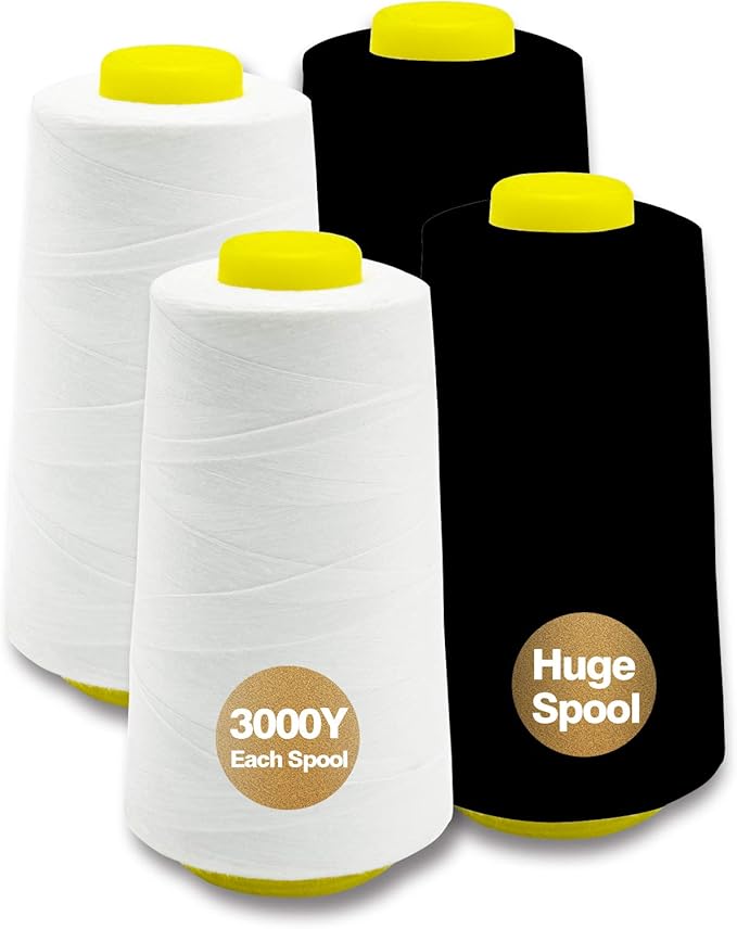 White Black Serger Thread, All-Purpose Thread for Sewing, Polyester, 4 Cones of 3000 Yards Each Spool for Sewing Machine
