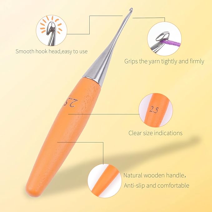 Crochet Hooks 2.5mm Crochet Hook Soft Lightweight Wood Ergonomic Handle and Stainless Steel Crochet Needles Tip (2.5 mm-C)