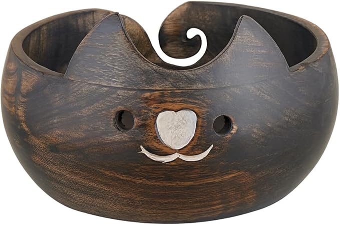 Christmas Gifts for Women Cat Yarn Bowl Knitting Bowl Large Crochet Yarn Holder YB2203 Handmade Crocheting Accessories and Supplies Organizer 7 x 3 Wooden White Elephant Gifts