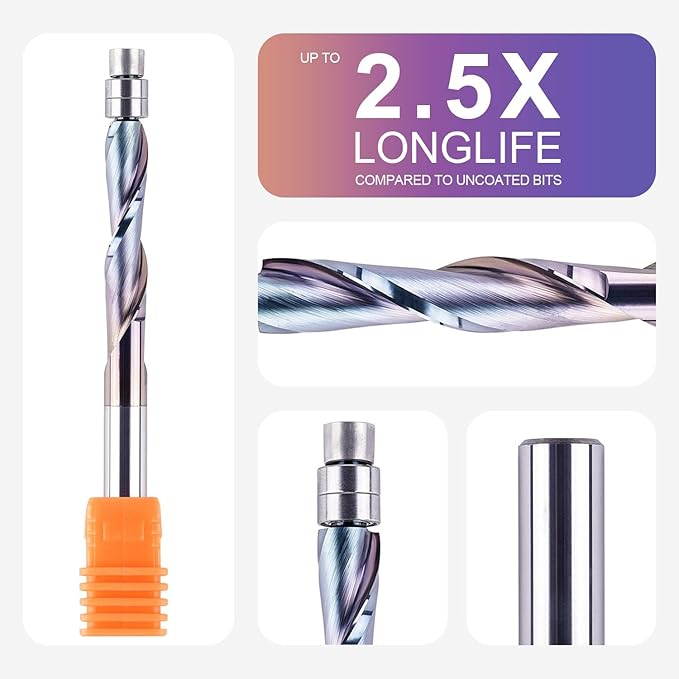 SpeTool 2PCS Upcut Spiral Flush Trim Router bit 1/4 Inch Shank 1-1/8 Inch Cutting Length Extra Long 3 Inch OVL,Carbide CNC Router Bit for Triming
