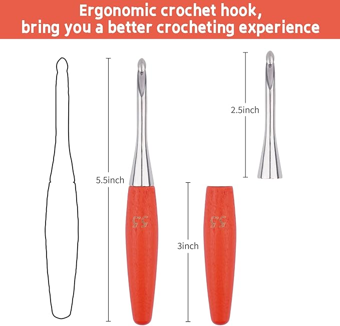 Crochet Hooks 5.5mm Crochet Hook Soft Lightweight Wood Ergonomic Handle and Stainless Steel Crochet Needles Tip (5.5 mm-I)