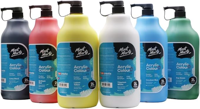 Mont Marte Discovery School Acrylic, 6 Basic Colors, 1/2 Gallon (2 Liter), Ideal for Students and Artists. Excellent Coverage and Fast Drying. Pump Lid Included