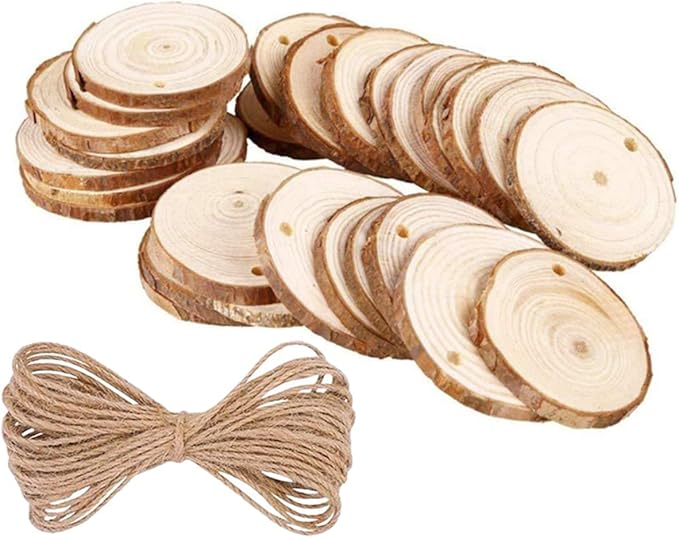 50pcs Wood Slices, BetterJonny 2-2.4 inch Undrilled Wooden Circles Predrilled with Hole Natural Wood Ornaments with 10 Meters Jute Rope for Arts DIY Craft