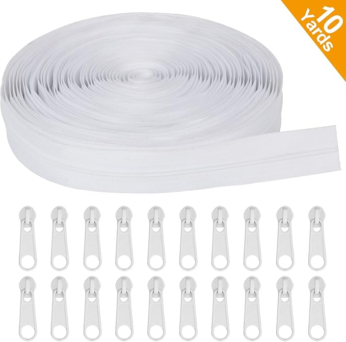 MiniRed 10Yards White Nylon Coil Zipper by The Yards, #3 Bulk Zippers for DIY Sewing Craft Bags with Replacement 20PCS Sliders (#3 White)