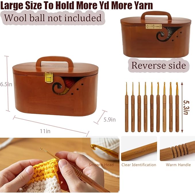 Gift Wooden Yarn Bowls with Lid and Handle for Knitting, Portable Crochet Bowls with 9 Knitting Crochet Hooks, 5 Hooks, Yarn Ball, Complete Set for Beginners, Enthusiasts,Mother's Day gift