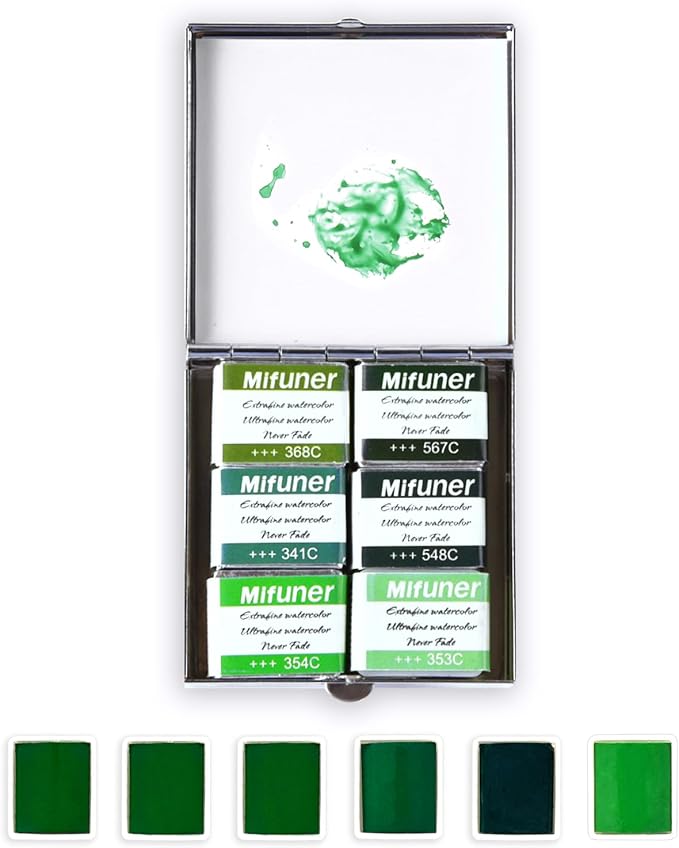 Mini Portable Handmade Artist Watercolor Paint Travel Metallic Box Set with 6 Green Solid Watercolor Half Pans (Each Capacity Approx 1.5ml) Pearlescent.Green
